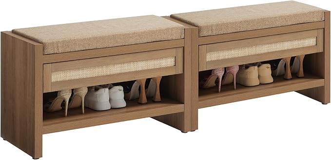 SICOTAS Rattan Shoe Bench Entryway Bench with Storage Drawer and Linen Seat Cushion, Farmhouse Boho Shoe Rack with Shelf, Wooden Storage Bench for Entryway Hallway and Bedroom, Caramel Oak, 2PCS
