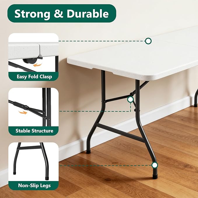 Folding Table 1 Pack, 6FT Folding Table Portable with Built-in Handle, Heavy Duty Plastic Table with Steel Legs Supports to 300lbs, Suitable for Party, Camping, Events Indoor&Outdoor Use, White