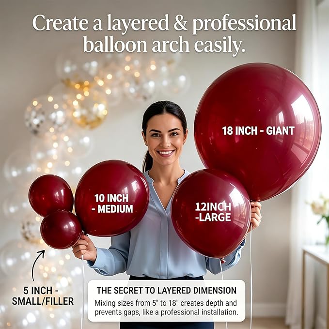 140pcs Burgundy Balloon Garland Arch Kit, 18/12/10/5 Inch Dark Red Maroon Balloons for Mother's Day, Graduation 2026, Wedding, Baby Shower, Birthday Party Decorations