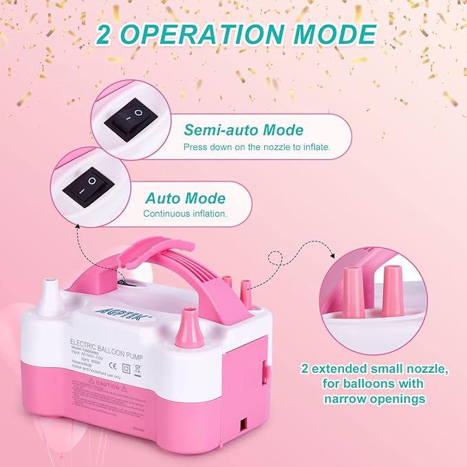AGPtEK Electric Air Balloon Pump with Built-in Tying Tool, 110V 600W Pink and White Portable Dual Nozzle Inflator/Blower for Party Decoration with Tying Tool on Handle