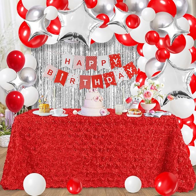 Red White Silver Balloon Garland Arch Kit, Red and White Metallic Silver Balloons Tinsel Foil Fringe Curtain for Wedding Birthday Engagement Graduation Valentines Party Decorations