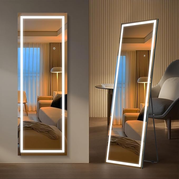 64" x 21" Full Length LED Floor Mirror - Big Wall/Standing Mirror with Lights, Dimmable Touch Screen & Adjustable Color (White/Warm Light), Full Body Mirror for Bedroom, Dressing Room, Vanity, Makeup