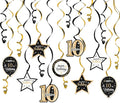 Happy 10th Birthday Black & Gold Glitter Swirls Streamers Party Decorations - 15 Pcs 10th Birthday Hanging Swirls Streamers Kit,Cheers to Ten Years Old Bday Party Sign.