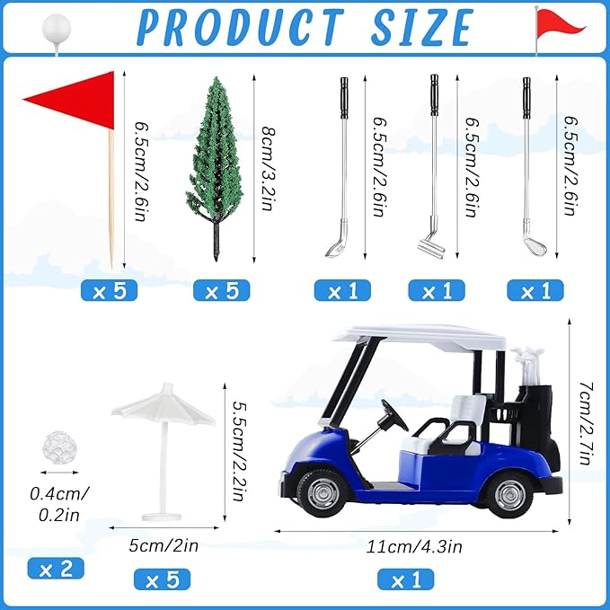 Leitee 21 Pcs Golf Cake Topper Cake Decoration Cupcake Topper Include Mini Cart Red Flag Ball Green Tree Club Sun Umbrella for Golf Themed Birthday(Blue,Classic)