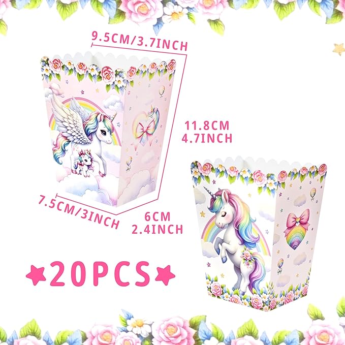BACH AND BOUJEE 20Pcs Unicorn Popcorn Boxes Rainbow Unicorn Goodie Candy Boxes Birthday Party Favors Gift Bags Dreamy Animal Birthday Party Decorations Baby Shower