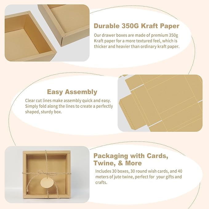 30 Kraft Paper Cardboard Boxes Kits, Internal Dimensions 5.5x5.5x2 IN Homemade Soap Box with Raffia Filling,Blank Tags and Jute String, Small Gift Boxes for Jewelry, Candy, Wrapping Party Favor