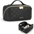 Prite Makeup Bag for Women Travel Waterproof Vegan Leather Cosmetic Bag Open Flat Toiletry Bag With Clear Divider and Handle (Plaid Black, Medium)