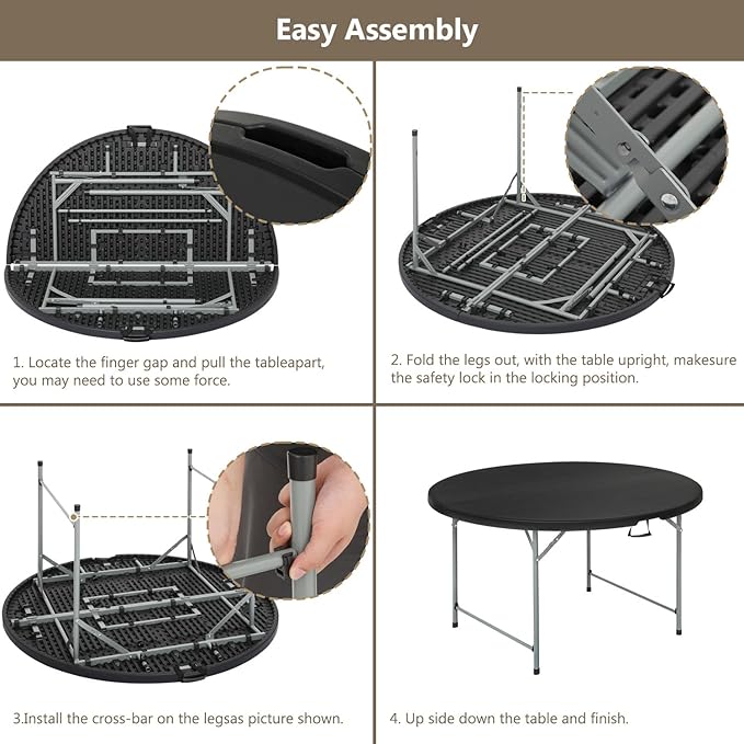 OS MOTOR 5.5ft Round Folding Table with Carry Handle, Portable Heavy Duty Plastic Utility Table with Steel Legs for Party, Wedding, Camping, Indoor, Outdoor Event, 66 Inch, Black