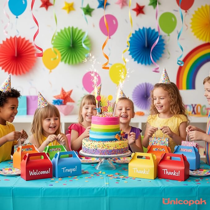 UnicoPak 30 Pack Party Favor Bag Boxes, Gable Gift Boxes with Handles for Candies Treats Goodies Cookies Happy Meals, Ideal for Theme Birthday Party, Classroom Events, Valentine's Day, 6.5x3.5x3.5 Inches