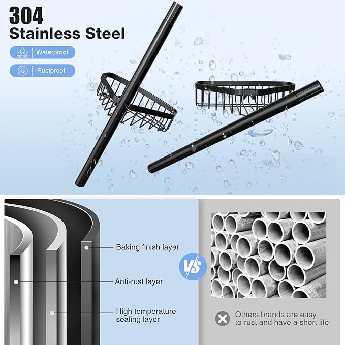 Corner Shower Caddy Tension Pole: Adjustable Rustproof 4-Tier Inside Bathroom Organizer - 47-121 inch Quick Installation Bathtub Shelves for Shampoo Storage - Rod Floor Standing Bath Rack - Black