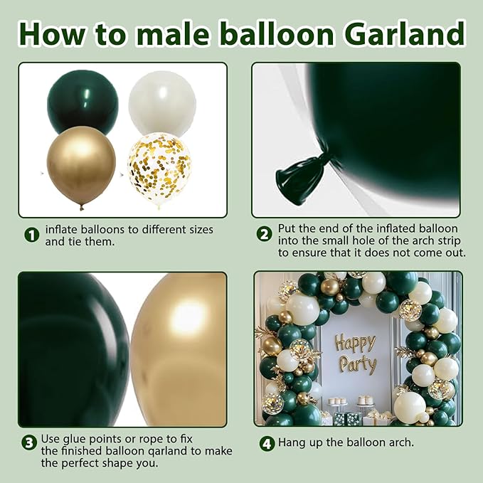 Emerald Green and Gold Balloons Arch Kit, Double Stuffed Dark Hunter Forest Green Pearl Sand White Metallic Gold Balloons for Wedding First Communion Birthday Graduation Party Decorations