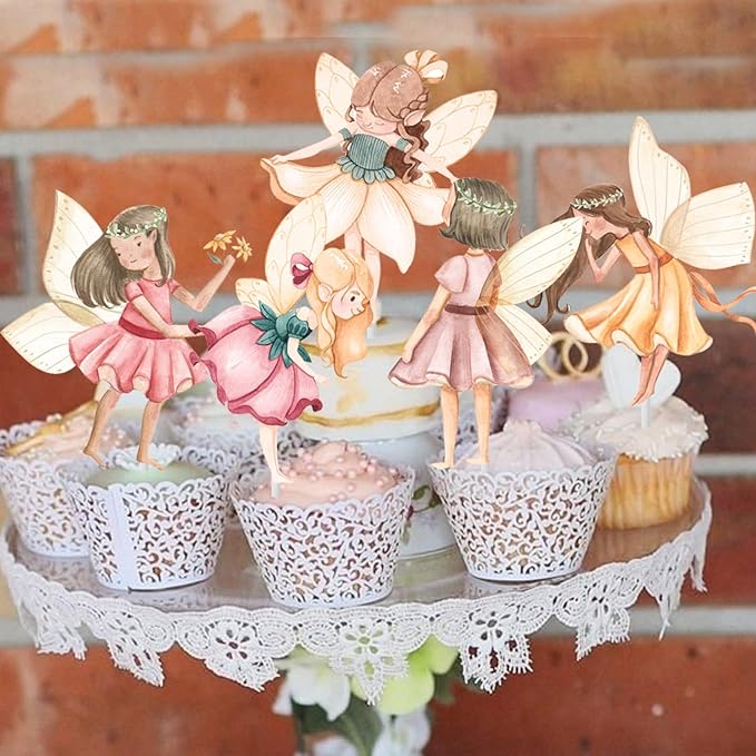 Fairy Cupcake Toppers Flower Fairy Party Cupcake Toppers 24Pcs Fairies Party Cake Picks Garden Birthday Party Decorations for Elves Theme Baby Shower Supplies