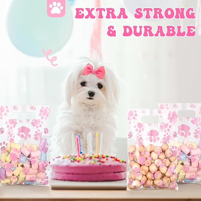 Pasimy 100 Pcs Dog Paw Gift Bags Bulk Pet Paw Puppy Plastic Treat Favor Candy Goodie Bags with Handle for Dog Birthday Party Decoration Supplies(Clear Pink)