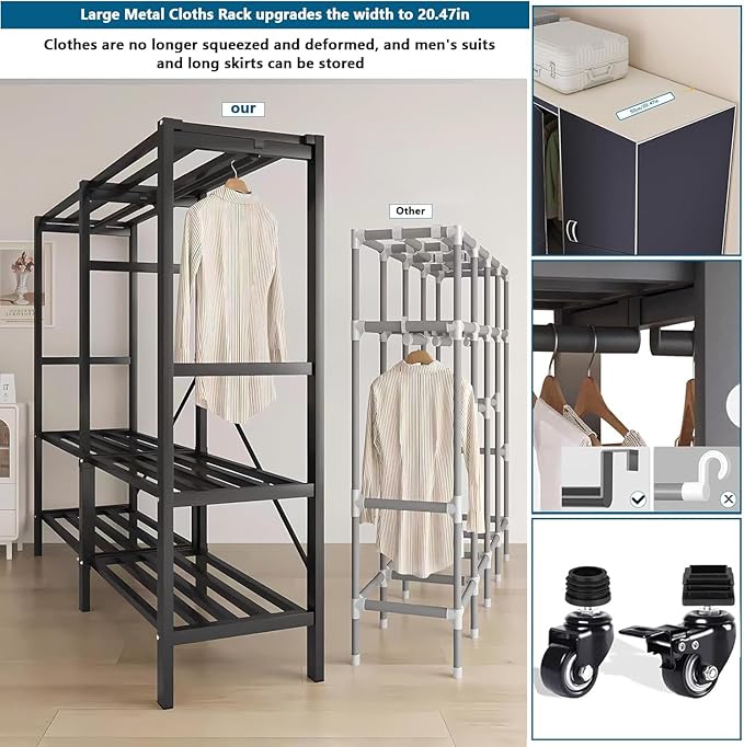 Heavy Duty Covered Clothes Rack with Magnetic Door Foldable Portable Wardrobe Closet for Hanging Clothing Rolling Black Metal Garment Rack on Wheels Closet System (Navy Blue, 58.9in)
