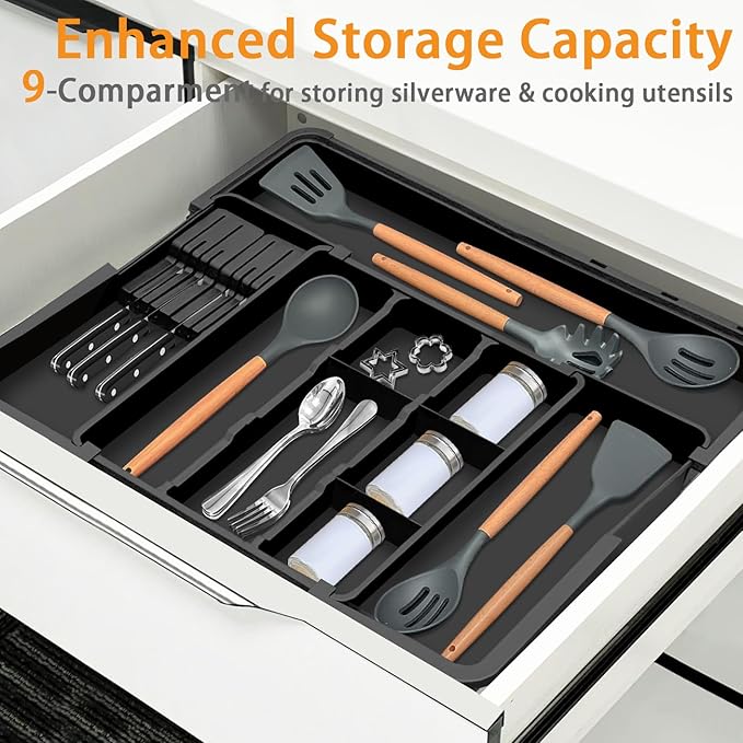 Large Utensil Drawer Organizer for Kitchen, Expandable Silverware Organizer Utensil Holder, Cutlery and Flatware Cooking Tray, Kitchen Drawer Organizers and Storage with Removable Knife Block, Black