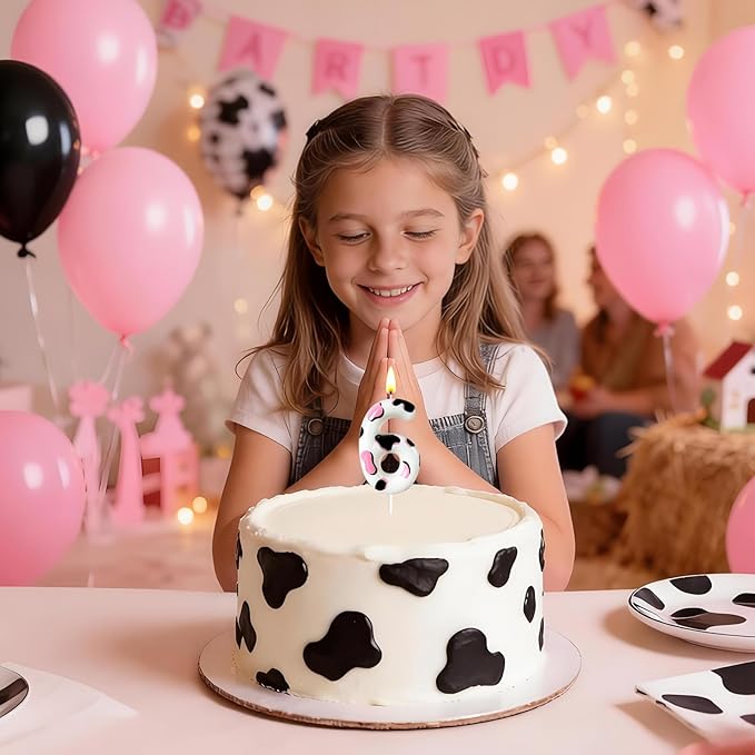 Number 6 Birthday Candle for Cake – Cow Print Design in White Black Pink – Farm Theme & Cowgirl Party Cake Topper Decoration