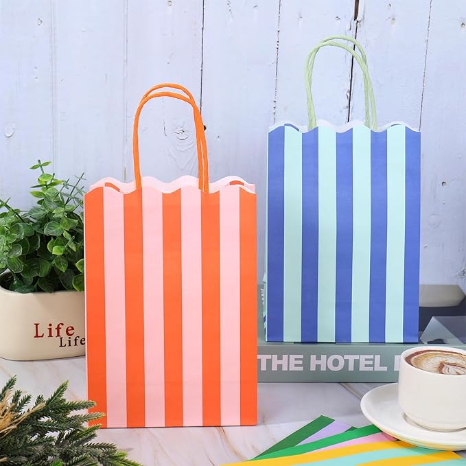 Whaline 24 Pcs Colorful Paper Gift Bag Treat Bags with Handles Stripe Scalloped Candy Goodie Bags for Party Favors Supplies
