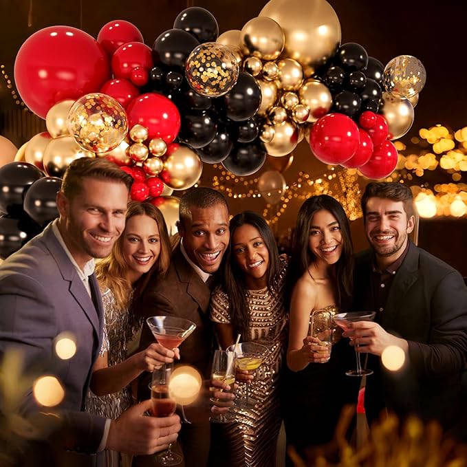 147pcs Red Black Gold Balloons Arch kit, 18 12 10 5 inch Red Black and Gold Balloons Garland for Anniversary Casino Night Hollywood New Years Movie Night Birthday Decorations