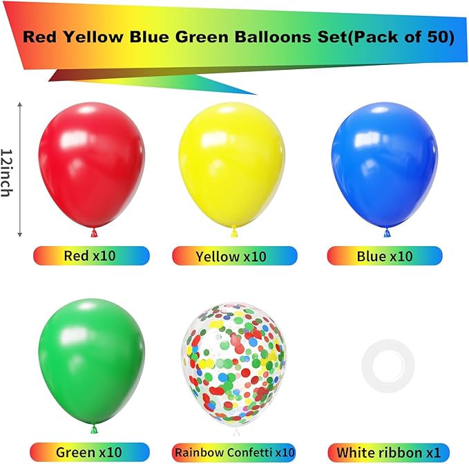 Red Yellow Blue Green Balloons, 12Inch 50PCS Colorful Yellow Blue Red Green Balloons for Video Game Party Rainbow Kid Birthday Party