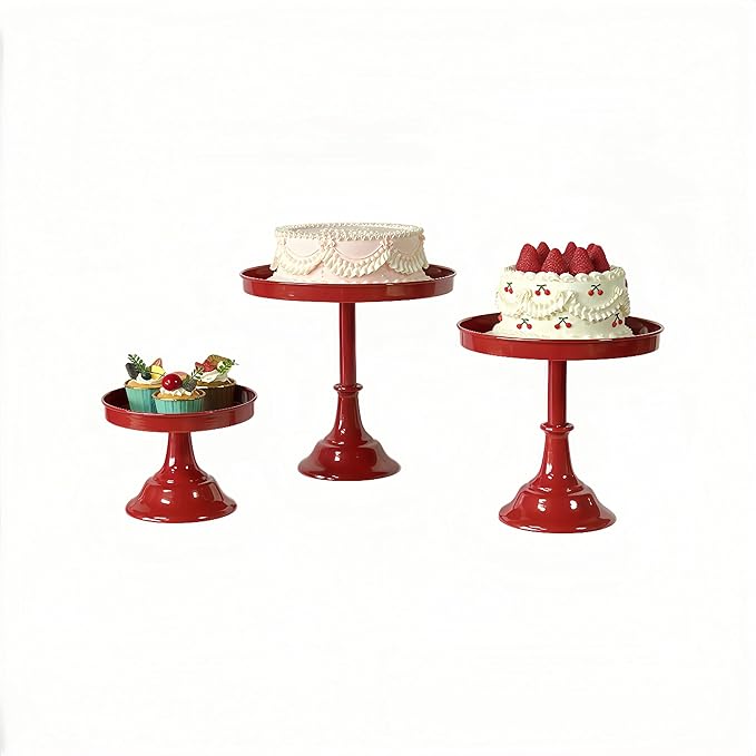 3 Pcs Metal Round Cake Stand Set 8“10”12" Cake Display Stand Dessert Cupcake Display Tray for Graduation,Wedding,Birthday,Party,Baby Shower,Anniversary,Ceremony,Christmas (Red)