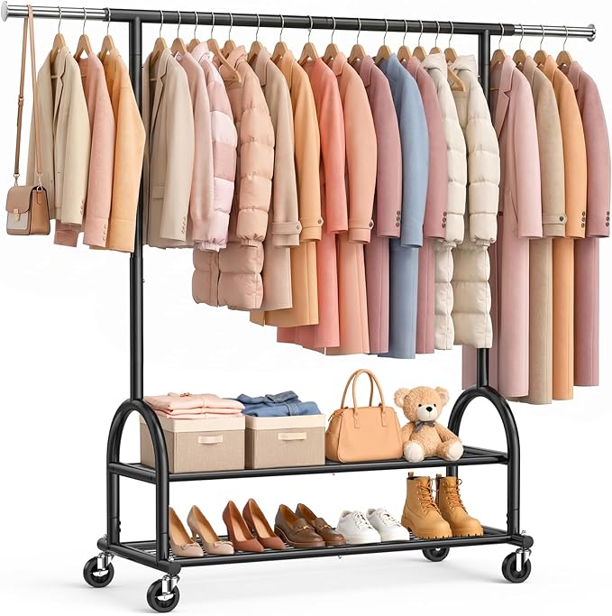 EAGMAK Heavy Duty Clothes Rack for Hanging Clothes Load 556 LBS, Height Adjustable Rolling Clothing Racks, Portable Metal Coat Rack Garment Wardrobe with Wheels and Shelves for Bedroom Laundry, Black