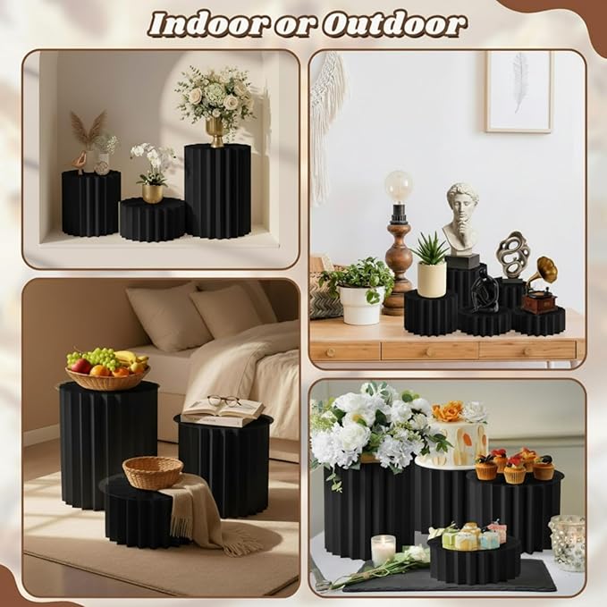 Capoda 5 Pieces Buffet Risers - 12" Cylinder Party Stands with Acrylic Plates Foldable Food Display Risers for Dessert Jewelry Cupcake Catering Supplies Wedding Birthday Party Table Decoration(Black)