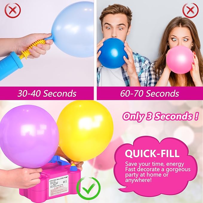 IDAODAN Electric Balloon Pump, Portable Electric Balloon Blower Machine Balloon Air Pump Dual Nozzle Rose Red 110V 600W Balloon Inflator for Party Decorations