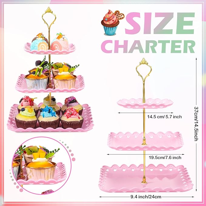 6 Sets Tea Party Decorations of 3 Tier Plastic Cupcake Stand Dessert Plates Cake Fruit Candy Display Tower for Wedding Birthday Baby Shower Tea Party Decorations(Square)