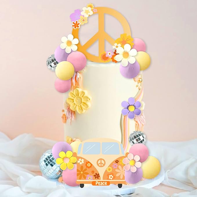 45 PCS Groovy Cake Toppers Boho Cake Topper Hippie Party Decorations with Flower Bus for Girl Birthday Party Boho Groovy Party Supplies (Style 1)