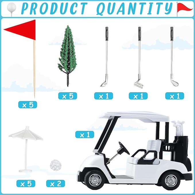 Leitee 21 Pcs Golf Cake Topper Cake Decoration Cupcake Topper Include Mini Cart Red Flag Ball Green Tree Club Sun Umbrella for Golf Themed Birthday(White,Classic)