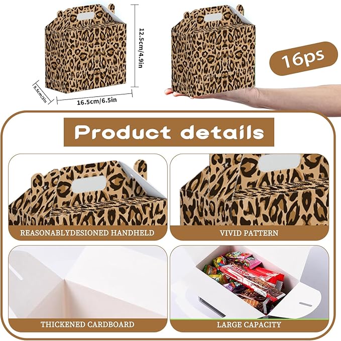 16 Pcs Cheetah Print Birthday Party Favor Boxes - Leopard Print Party Gift Paper Boxes with Handles, Jungle Safari Themed Decorations for Animal Presents Decorations Supplies(16-Leopard-boxes)