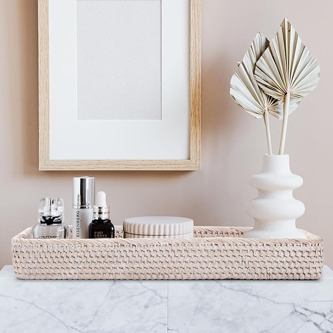 Rattan Bathroom Vanity Tray, Toilet Tank Basket Tray for Paper Hand Towel, Bathroom Counter Tray for Organizing and Decor (Whitewash, 16.3" x 6.1" x 2")