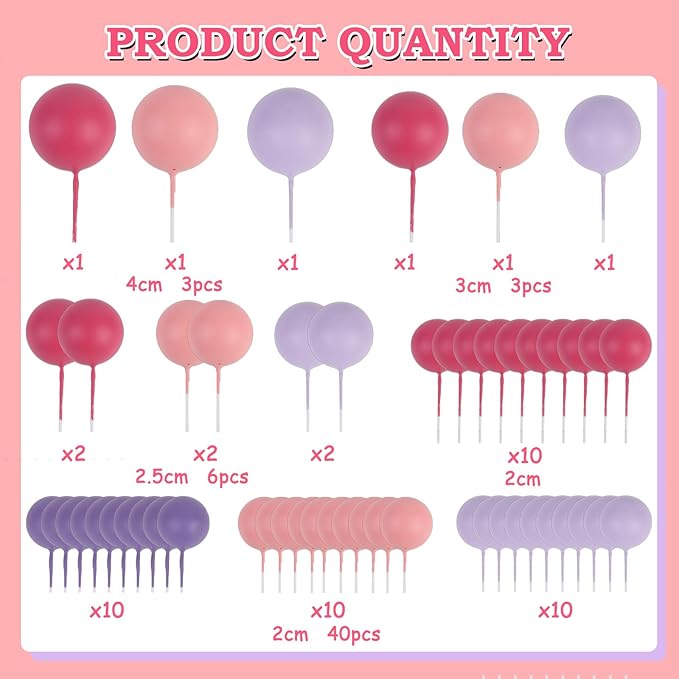 52 Pcs Ball Cake Decorations - Light Dark Pink Purple Ball Dessert Picks Cake Cupcake Toppers, Birthday Party Baby Shower Gender Reveal Cake Supplies