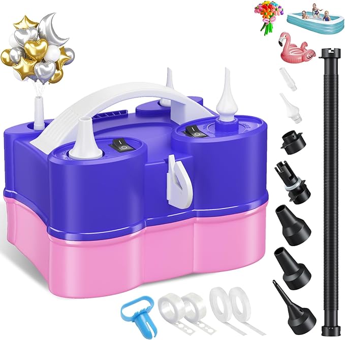 3-in-1 Electric Balloon Pump, Portable Electric Air Pump for All Balloons Inflatables Dual Nozzle Balloon Blower Machine for Latex 260q Foil Balloons 110V AC Inflator Deflator for Inflatable Pool Bed