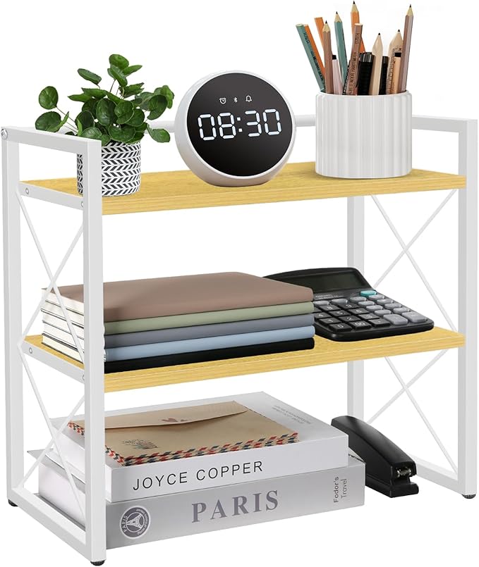 YINMIT Desktop Shelf Organizer, 2 Tier Office Shelves, Wood Desk Organizer Storage Rack and Freestanding Display Shelf for Office, Dormitory, Home (White Wood)
