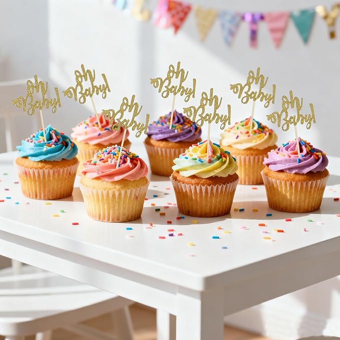 24 Gold Glitter Oh Baby Cake Cupcake Toppers Picks for Wedding Birthday Baby Shower Party Decorations