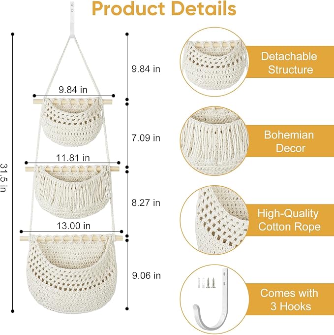 Boho Style Handwoven Rope Hanging Basket - 3-Tier Detachable Storage Organizer for Kitchen/Bathroom/Entryway, 3 Included Heavy-Duty Hooks, 7 Color Options Available (Blue)