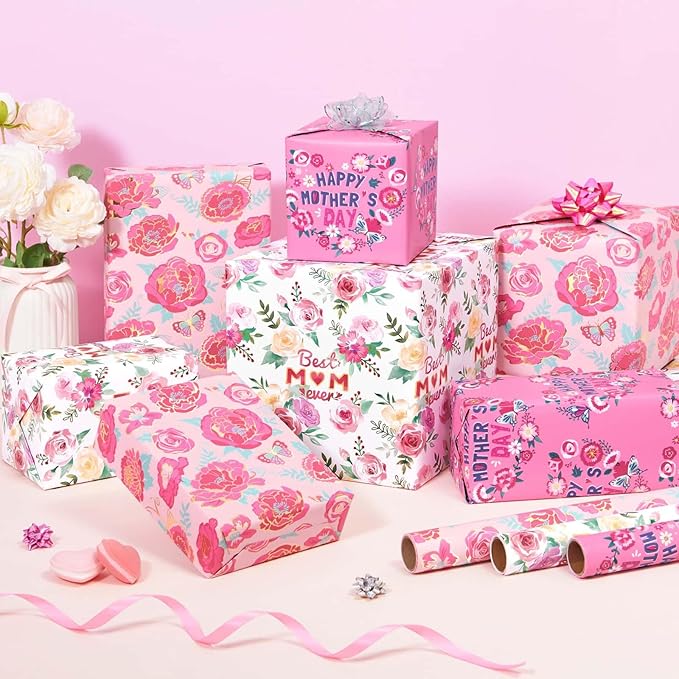 WERNNSAI Mothers Day Wrapping Paper Roll - 3 Rolls 17” x 120” Happy Mothers Day Floral Wrapping Paper for Anniversary Birthday DIY Crafts Spring Gifts Wrapper for Women Mom Pretty Rose Wraps
