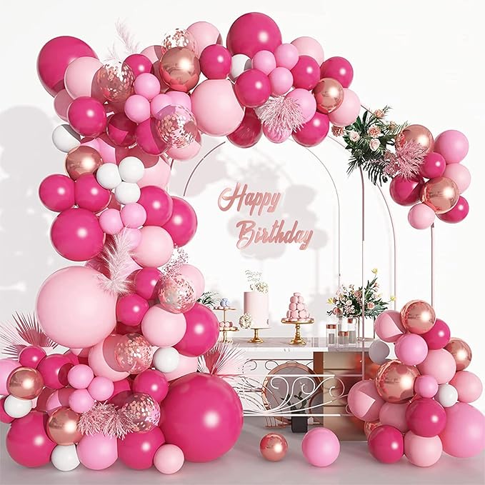 CANREVEL 125Pcs Pink Balloon Garland Arch Kit, Hot Pink Metallic Rose Gold Confetti Latex Balloons for Baby Girl Shower Princess Birthday Wedding Valentine's Party Decorations
