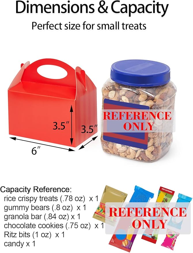 P6RD50 Happyhiram 50 Count Red Party Favor Boxes, Treat Boxes with Handles 6" Gable Boxes Candy Boxes Party Favor Paper Gift Boxes for Kids Birthday Baby Shower Bridal Shower