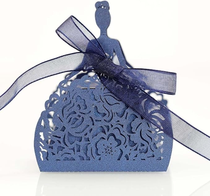 Steedna 50 Pack Bride Pattern Chocolate Gift Box Sector Pearl Paper Hollow Out Small Gift Box Wedding Dress Laser Cut with Ribbons Candy Boxes Party Favors Chocolate Box (Magic Blue)