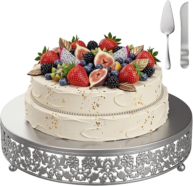 Wenqik 12 Inch Silver Cake Stand Set Metal Round Cupcake Dessert Stand with Cake Cutting, Spatula Wedding Cupcake Pastry Display Candy Holder Display for Wedding Party Birthday Baby Shower (Flower)