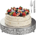 Wenqik 12 Inch Silver Cake Stand Set Metal Round Cupcake Dessert Stand with Cake Cutting, Spatula Wedding Cupcake Pastry Display Candy Holder Display for Wedding Party Birthday Baby Shower (Flower)