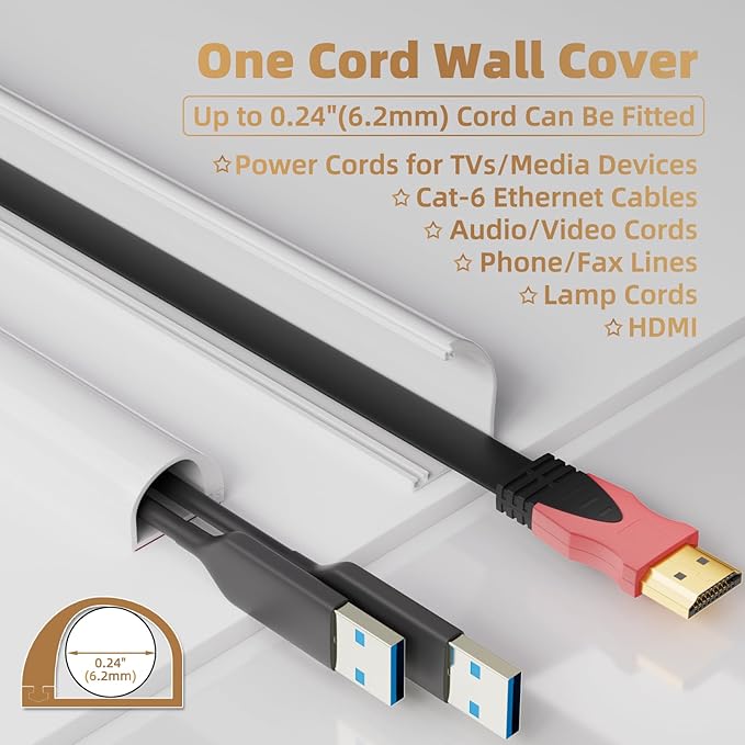 39" Side Open One Cord Hider (<1/4") for Wall Mounted Tv,Silicone Flexible Cable Cover to Hide Conceal Cords Along Wall,Wire Raceway Management Cable Concealer Channel,Electric Cord Organizer,White