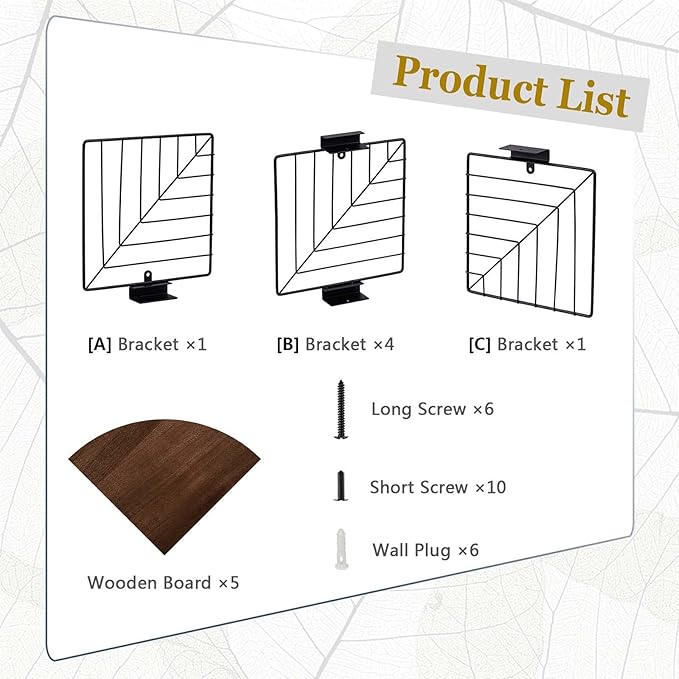 Love-KANKEI Corner Shelf Wall Mount of 5 Tier, Rustic Wood Floating Shelves Wall Shelves for Bedroom Living Room Bathroom Kitchen Office and More Dark Walnut