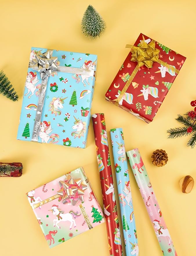 WERNNSAI Christmas Wrapping Paper - 3 Rolls 17” x 120” Christmas Unicorn Wrapping Paper Rolls Christmas Gift Wrap Paper Girls Birthday Wrapping Paper Holiday Wrapping Paper Unicorn Gift Wrap Paper