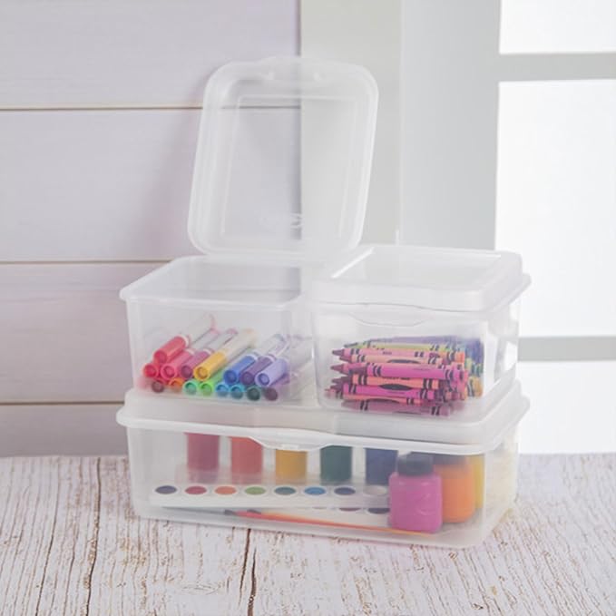 Sterilite 6-Pack Rectangular Large FlipTop, Clear Plastic Storage Box with Hinged Lid - Stackable Multipurpose Organizer for Art and Craft Supplies, Accessories, Photos & CDs, Home or Office Use