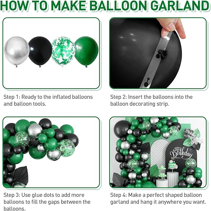 Black Green Balloon Garland,BTZO Balloons Arch Kit With Metallic Silver Confetti Balloon,Black and Green Balloons for Birthday Wedding Bridal Shower Graduations Party Decorations