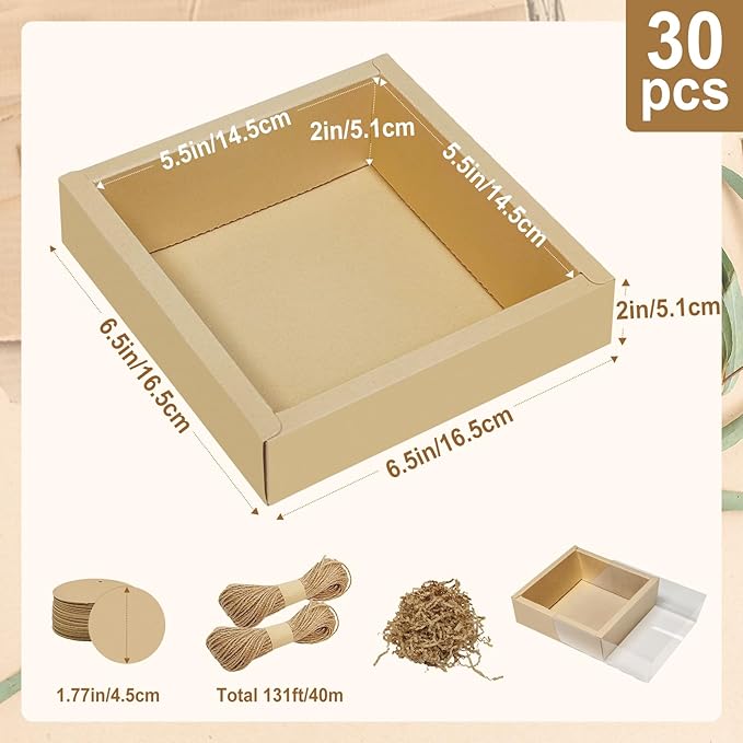 30 Kraft Paper Cardboard Boxes Kits, Internal Dimensions 5.5x5.5x2 IN Homemade Soap Box with Raffia Filling,Blank Tags and Jute String, Small Gift Boxes for Jewelry, Candy, Wrapping Party Favor