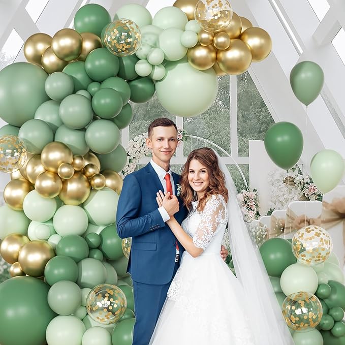 147pcs Sage Balloon Garland Arch Kit, Green Olive Pastel Metallic Confetti Gold for Birthdays, Safaris, Weddings, Baby Showers
